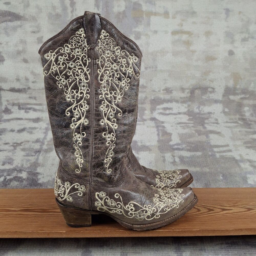 Corral Womens Boots 7.5 M Brown Crater Bone Floral Embroidery Snip Toe A1094